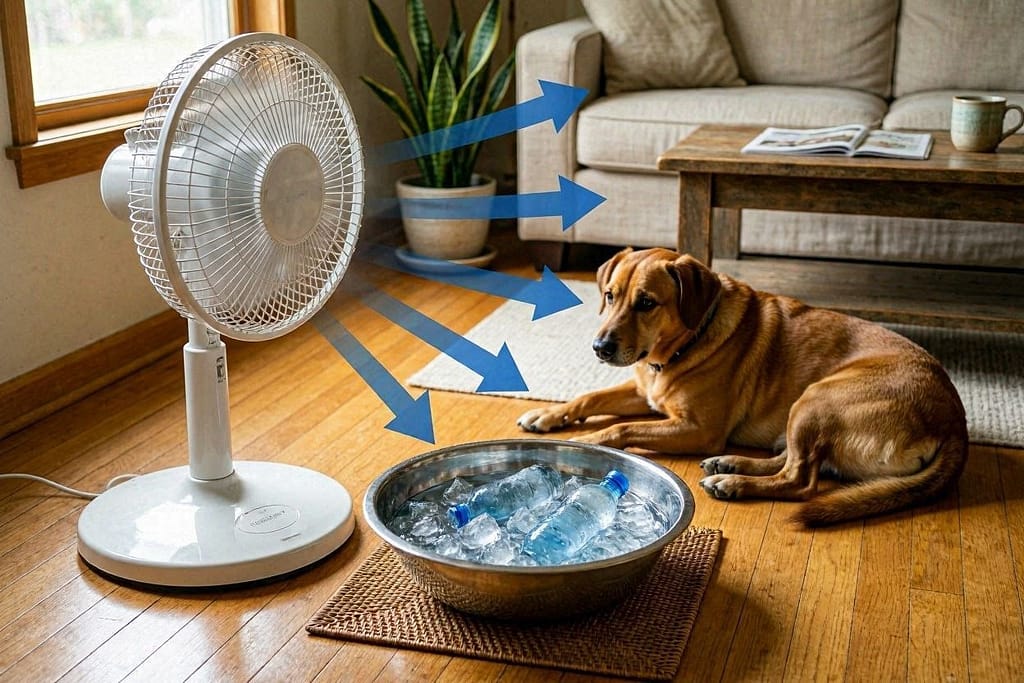 Oscillating fan on low, shallow metal bowl of ice cubes and frozen water bottles placed in front, blue arrows showing cool air direction, dog lying a few feet away