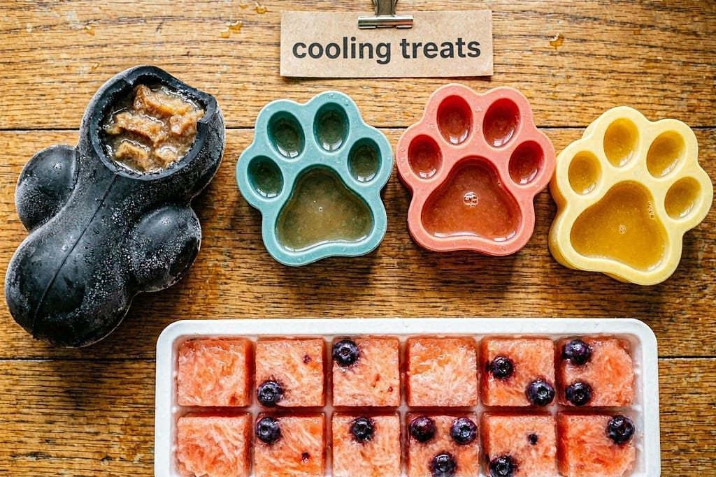 Flat lay - black Kong stuffed and frozen, silicone paw-shaped molds filled with broth, ice cube tray with blended watermelon and blueberries - labeled "Cooling Treats"