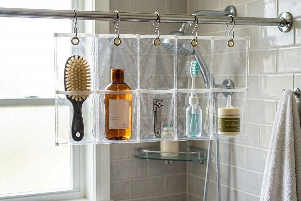 Clear vinyl hanging organizer with 6 pockets on shower curtain rod, each pocket holds grooming item - brush, shampoo bottle, nail clippers, toothbrush, ear cleaner, paw balm