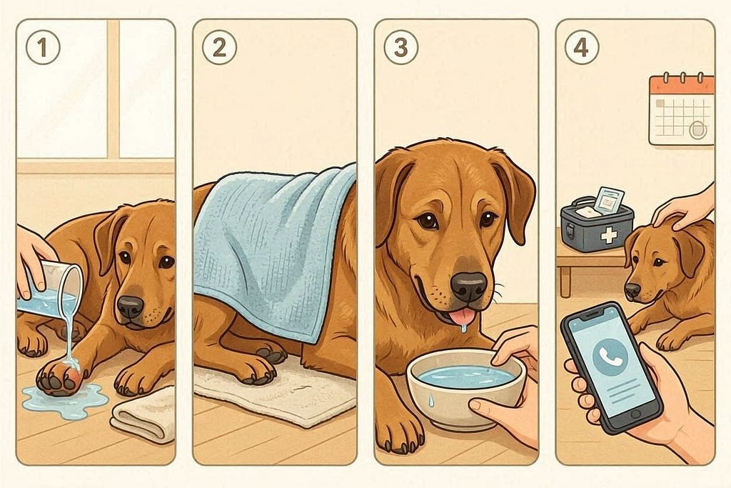 Four panel emergency guide - panel 1 cool water on paw pads and groin, panel 2 damp towel draped over dog, panel 3 dog drinking small amount from bowl, panel 4 phone with vet number calling