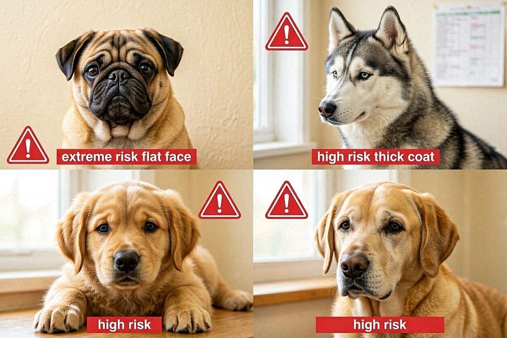 Four dog portraits - Pug labeled Extreme Risk flat face, Husky labeled High Risk thick coat, Golden Retriever puppy labeled High Risk, elderly Labrador labeled High Risk - red warning triangles
