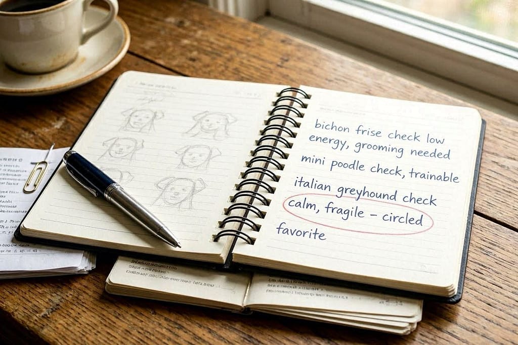 Open notebook with handwritten list - Bichon Frise check low energy, grooming needed; Mini Poodle check smart, trainable; Italian Greyhound check calm, fragile - circled favorite