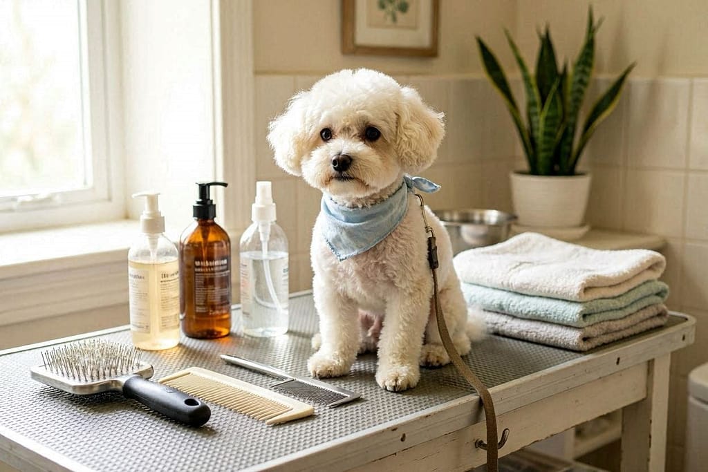 Flat lay of grooming tools - slicker brush, metal comb, dog shampoo bottle, pre-bath dander spray, microfiber towels - Bichon Frise sitting calmly beside them