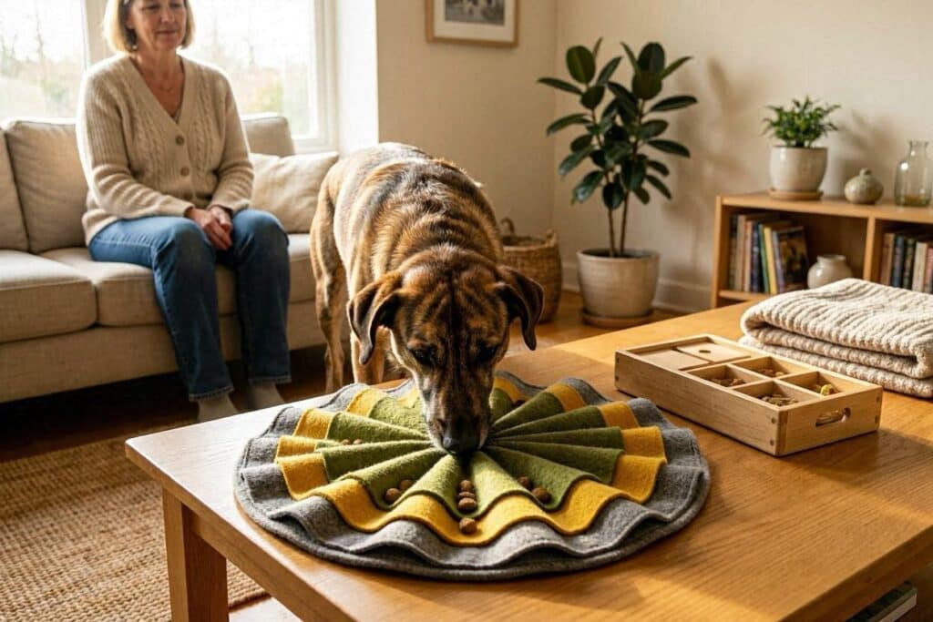 Dog nose buried in fabric snuffle mat searching for treats, interactive puzzle toy beside mat, owner on couch watching, text overlay "Indoor fun = no heat risk"