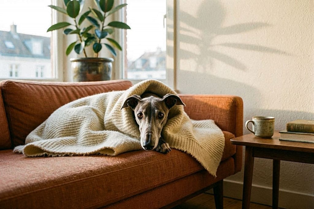 Slender Italian Greyhound wrapped in soft blanket on couch, head tucked, peaceful expression, small apartment living room background
