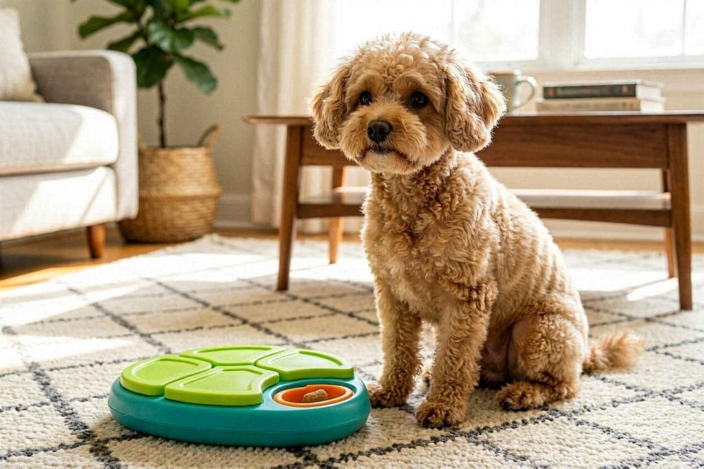 Cream-colored Miniature Poodle with tight curly coat, sitting next to interactive puzzle toy on hardwood floor, apartment setting with bookshelf behind