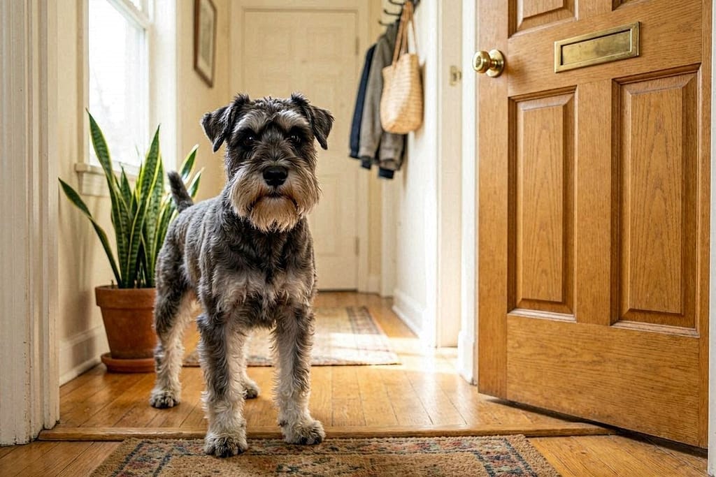 Salt-and-pepper Miniature Schnauzer with bushy eyebrows and beard, standing by apartment door on alert but calm posture, compact size