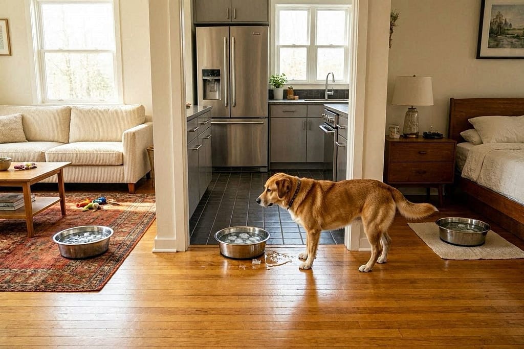 Three-room view - living room ceramic bowl with ice cubes, kitchen stainless bowl, bedroom plastic bowl - dog moving from one to another, thermometer 85°F