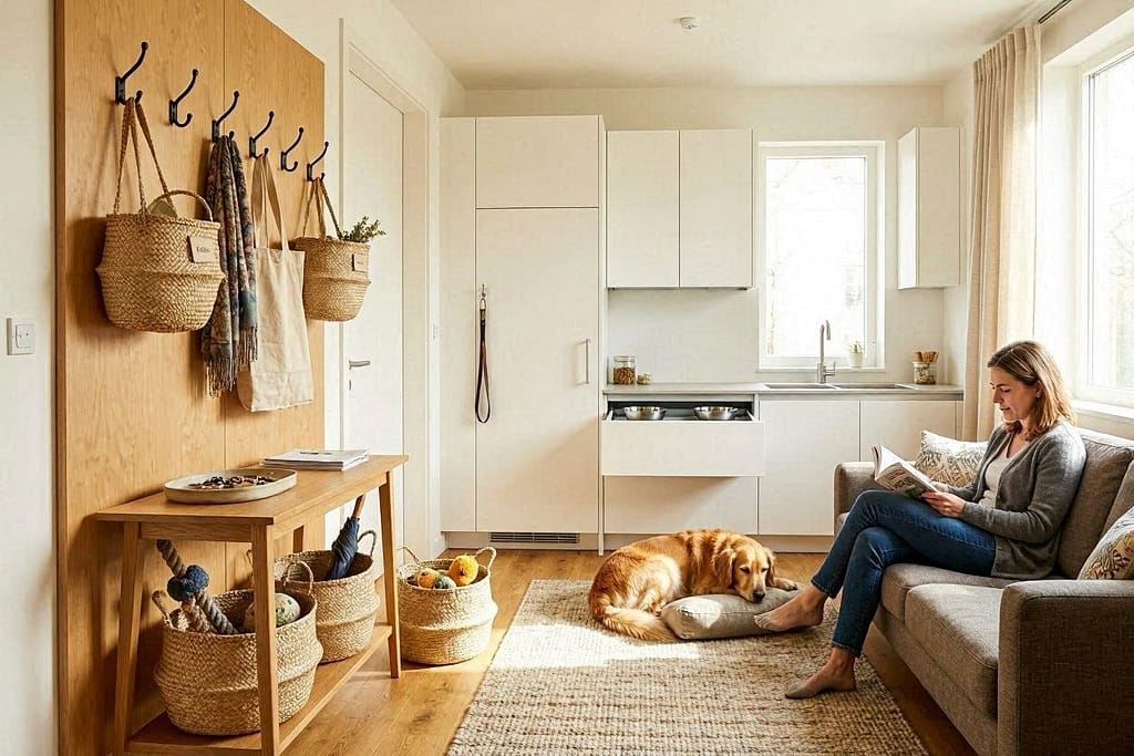 Bright apartment living room - entry wall has organized hooks and baskets, kitchen corner has pull-out feeding drawer, one decorative toy basket with 3 toys, golden retriever sleeping on bed, owner reading on couch