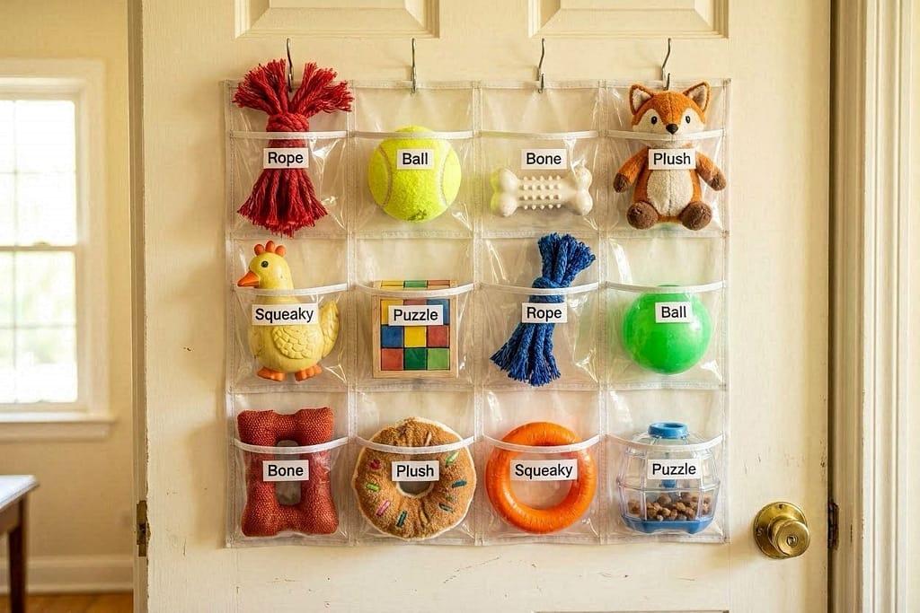 Back of apartment door with clear hanging shoe organizer, 12 pockets each with a different dog toy - rope, ball, bone, plush, squeaky, puzzle toy - labeled by category with small stickers