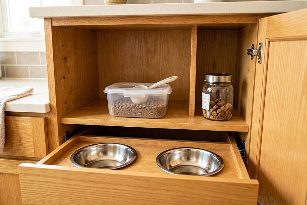 Open kitchen cabinet - lower pull-out drawer has two stainless steel bowls recessed into wood, middle shelf has airtight food container with scoop, upper shelf has clear treat jar