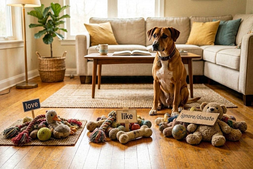 Three piles of dog toys on living room floor - left small pile of chewed favorites labeled Love, center medium pile labeled Like, right large pile of dusty toys labeled Ignore/Donate, dog observing