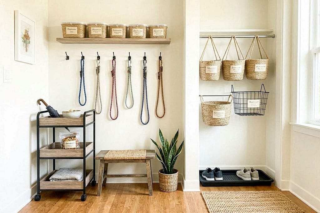 White wall with Command hooks holding leashes (no nail holes), closet with tension rod for hanging baskets, shelf with removable contact paper labels, rolling cart in corner - all non-permanent