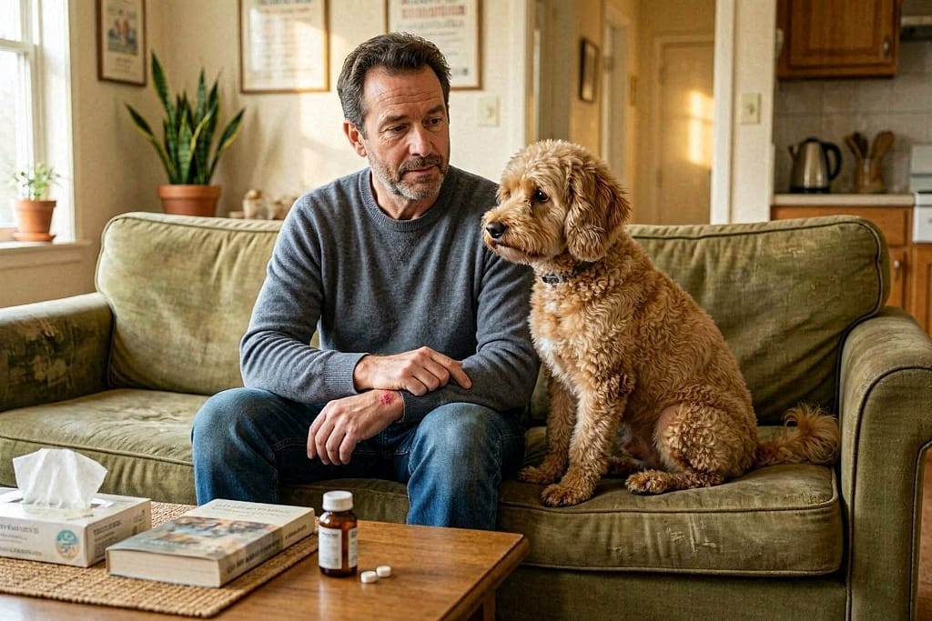 Man sitting on foster home couch, medium-sized Poodle mix beside him, coat texture visible (curly), man petting dog calmly, testing his allergy response