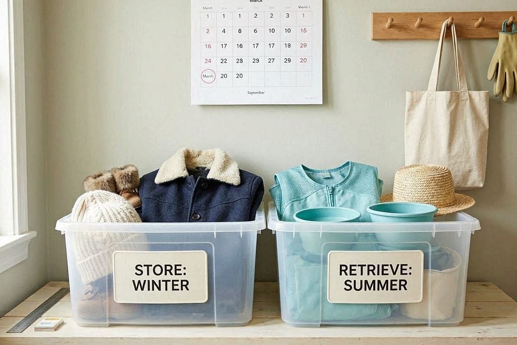 Two storage bins labeled - left bin Store Winter with coat and booties visible, right bin Retrieve Summer with cooling vest and portable water bowl, wall calendar marked March 1 and September 1 as swap dates