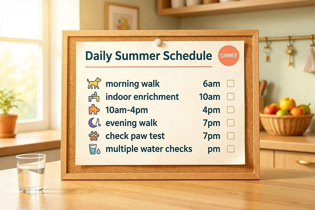 Daily schedule chart - 6am walk (cool), 8am breakfast, 10am-4pm indoor enrichment + cool zone, 6pm paw test, 7pm evening walk, 9pm final water check - checkboxes