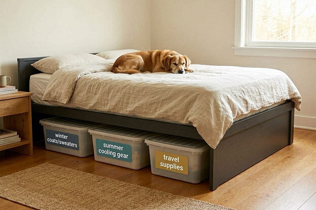 Low profile bed frame with three flat plastic storage bins slid underneath, labels visible on bin fronts - Winter Coats/Sweaters, Summer Cooling Gear, Travel Supplies, dog sleeping on bed above