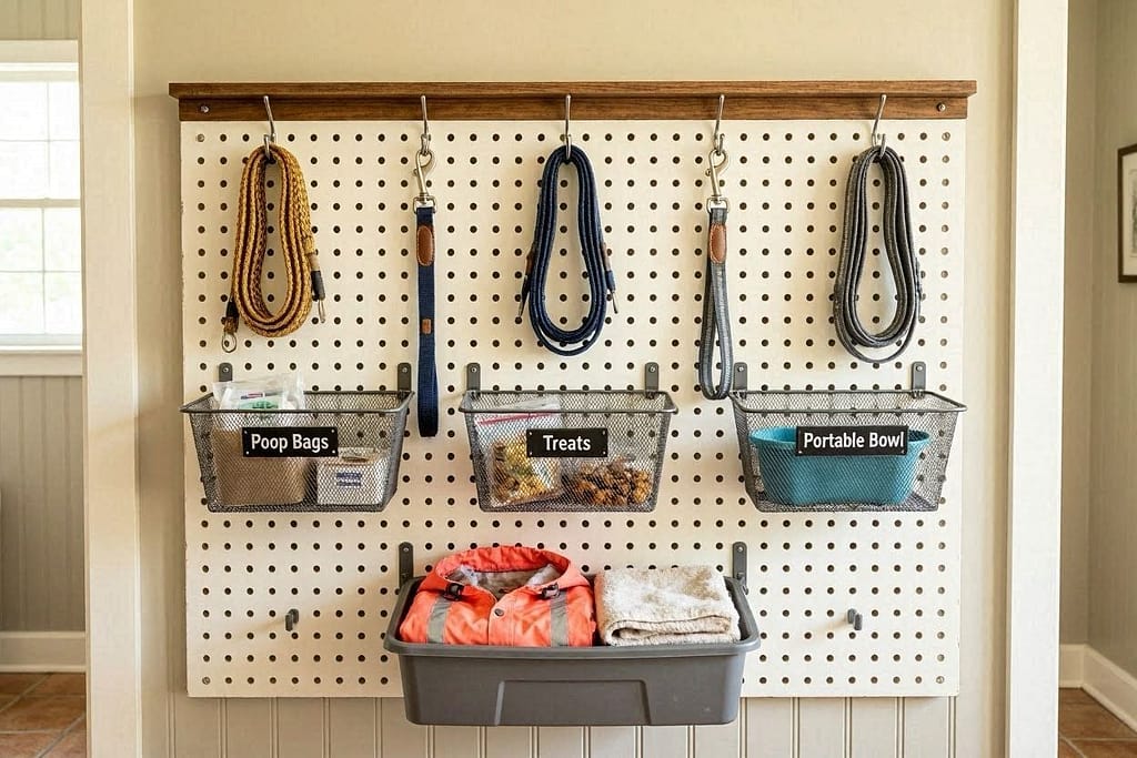 Wall-mounted pegboard system - top row three hooks holding rolled leashes, middle row three mesh baskets labeled poop bags/treats/portable bowl, bottom row plastic bin with dog raincoat and folded towel