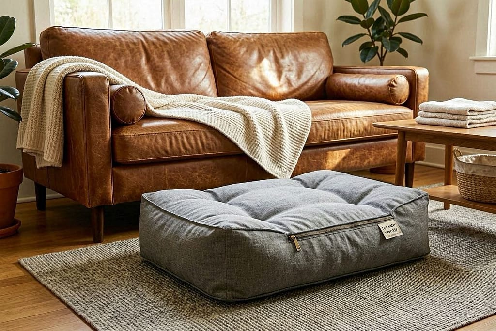 Sectional sofa with leather surface and washable blanket, dog bed with zippered cover being removed, washing machine with hot water setting indicated