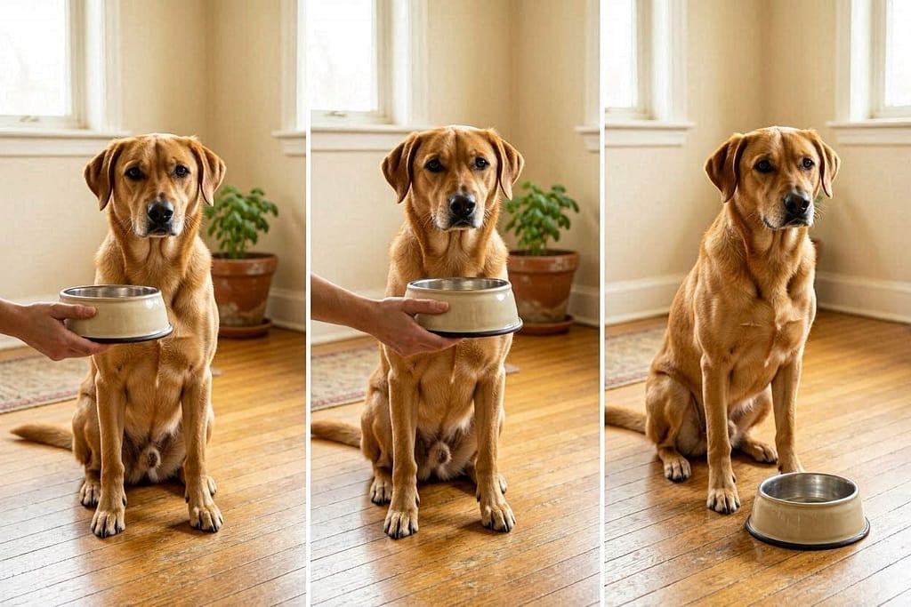 1. Bowl at chest, dog sitting / 2. Bowl halfway down, dog staying / 3. Bowl on floor, dog waiting.