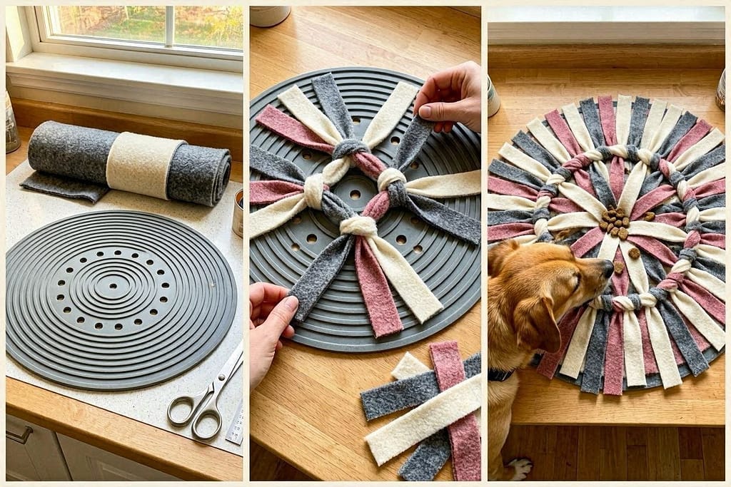 Snuffle mat DIY sequence (3 images) 1. Rubber sink mat / 2. Fleece strips tied / 3. Finished mat with kibble.