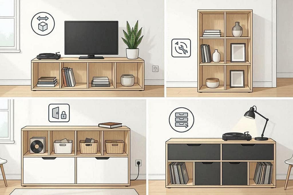 4 different KALLAX layouts: horizontal, vertical, with doors, with drawers. Icons showing adaptability.