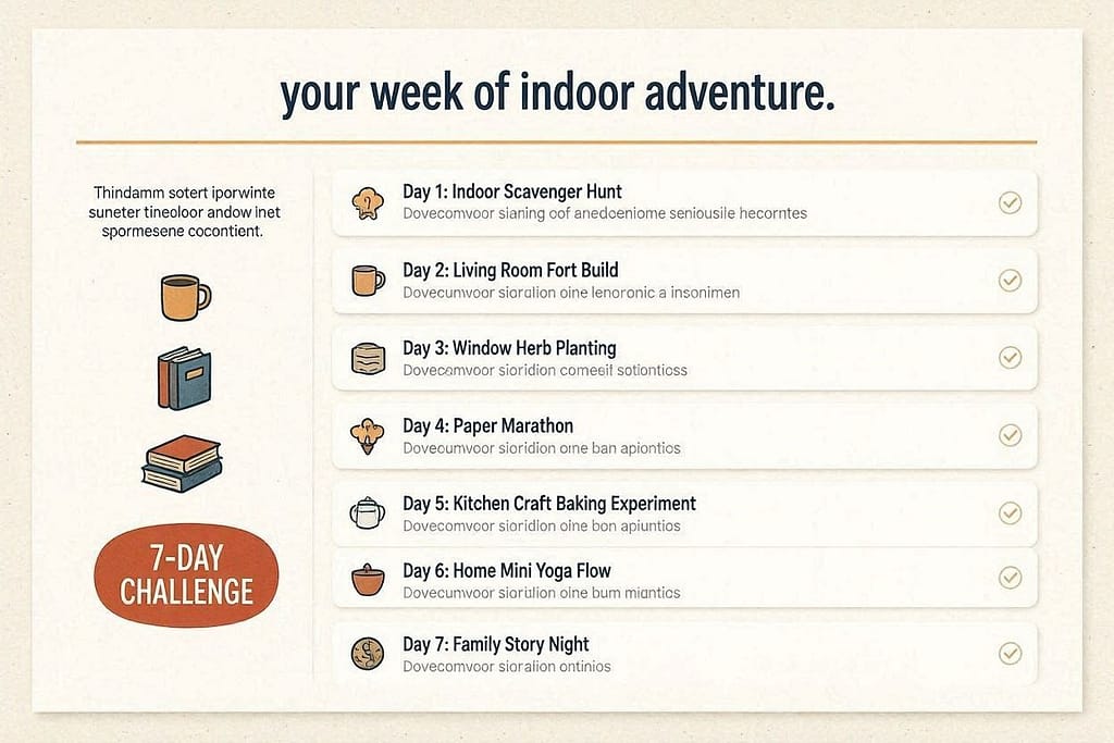 Printable calendar preview 7-day challenge with daily goals. Text: "Your week of indoor adventure."