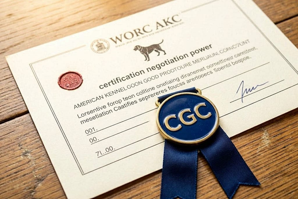 CGC badge photo AKC Canine Good Citizen certificate or badge. Text: "Certification = negotiation power."