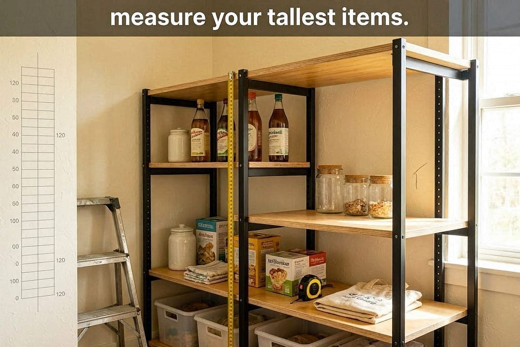 Adjustable shelves with different heights, measuring tape visible. Text: "Measure your tallest items."