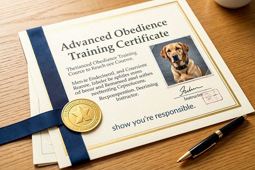Training certificate photo Advanced obedience training certificate. Text: "Show you're responsible."