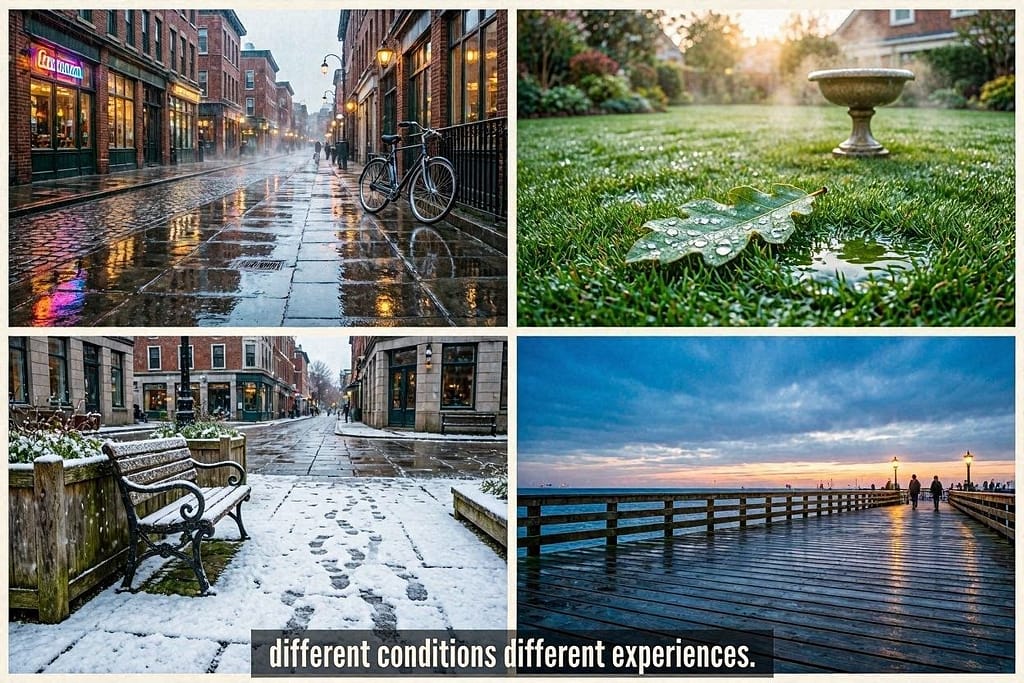 Four weather conditions collage After rain, morning dew, light snow, dusk. Text: "Different conditions = different experiences."