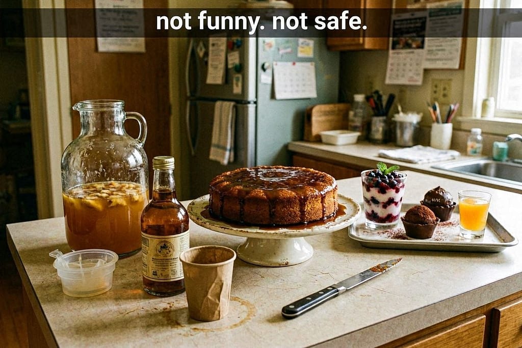 Alcohol sources collage Alcohol, rum cake, fermenting fruit, alcohol-infused desserts. Text: "Not funny. Not safe."