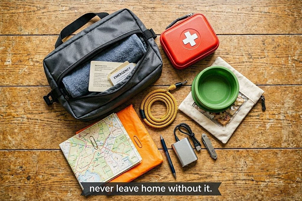 Go-bag flat lay All essentials: collapsible bowl, treats, charger, first-aid kit, map, emergency card, towel, backup leash. Text: "Never leave home without it."