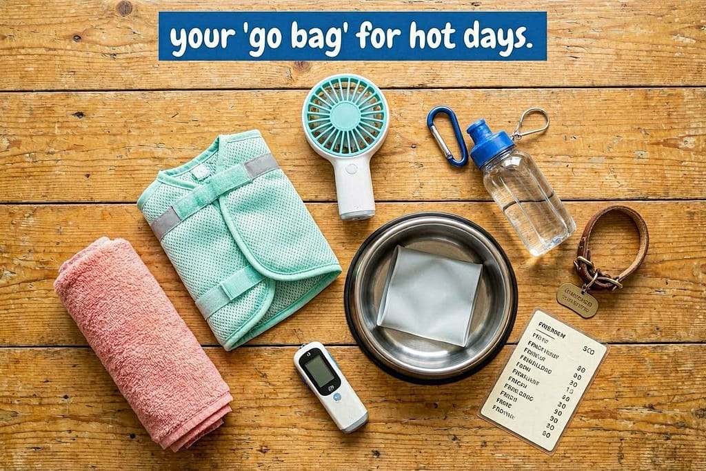 Go bag flat lay All items arranged: cooling vest, bowl, water bottle, fan, towel, thermometer, emergency numbers. Text: "Your 'go bag' for hot days."
