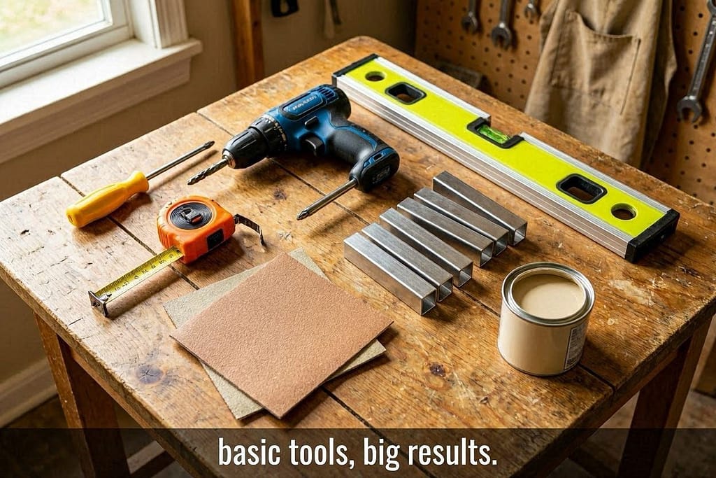 All tools arranged neatly: screwdriver, drill, level, measuring tape, L-brackets, sandpaper, paint. Text: "Basic tools, big results."