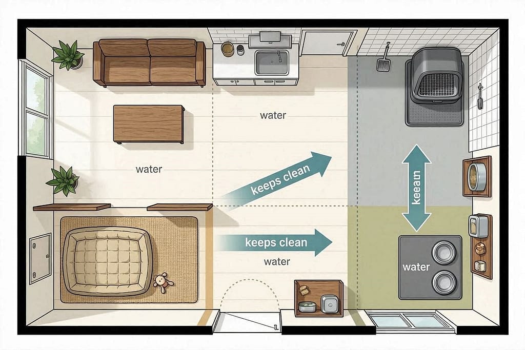 Apartment floor plan showing: Dog bed 🛏️ → Litter box 🚽 → Food bowl 🍽️ all in different zones. Arrows show "keeps clean" logic