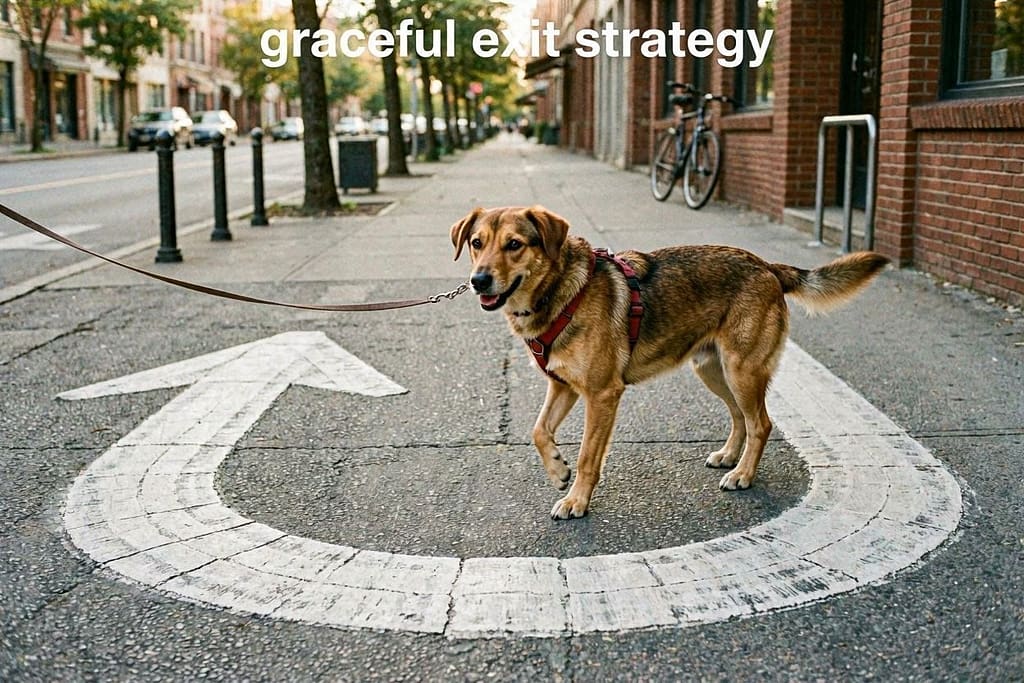Arrow showing 180-degree turn, dog following. Text: "Graceful exit strategy"