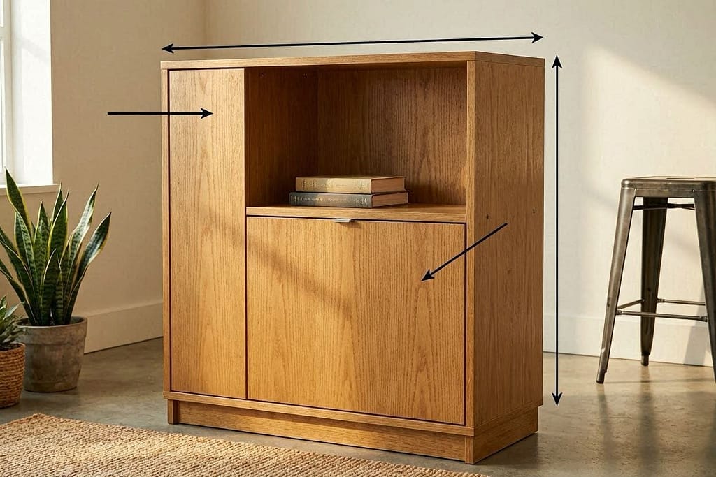 Arrows pointing to: solid wood, good height, door that closes, simple lines.