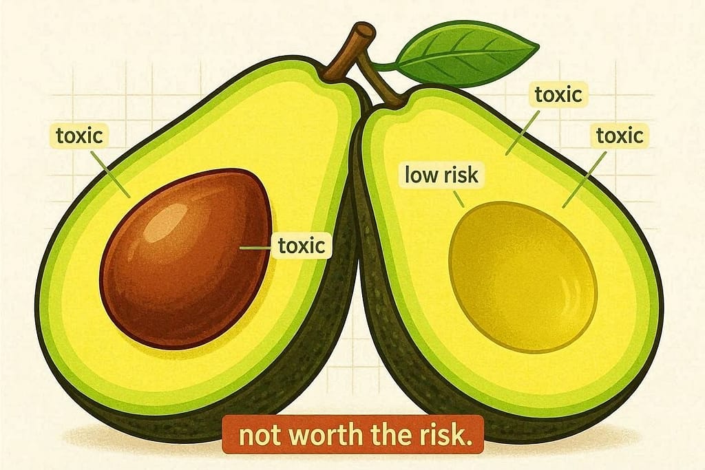 Avocado danger graphic Avocado with pit/skin/leaves labeled toxic, flesh low risk. Text: "Not worth the risk."