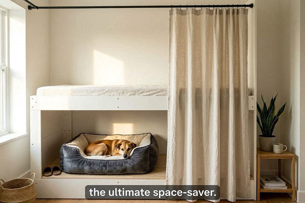 Bed elevated on PAX frame, cozy dog bed underneath, curtain for privacy. Dog visible inside. Text: "The ultimate space-saver."