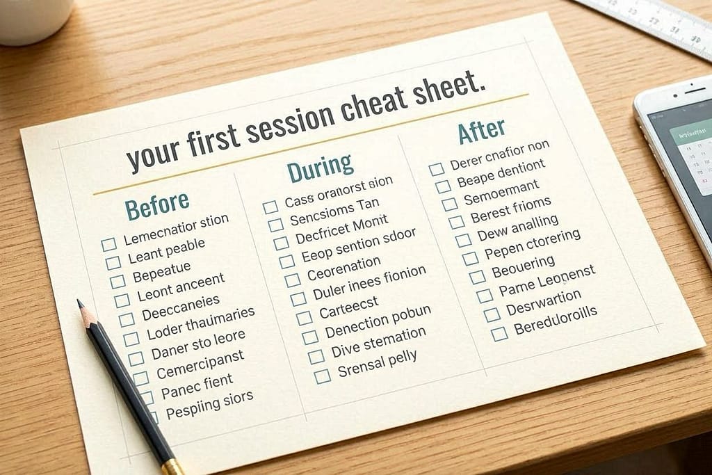Printable checklist preview Before, During, After with checkboxes. Text: "Your first session cheat sheet."