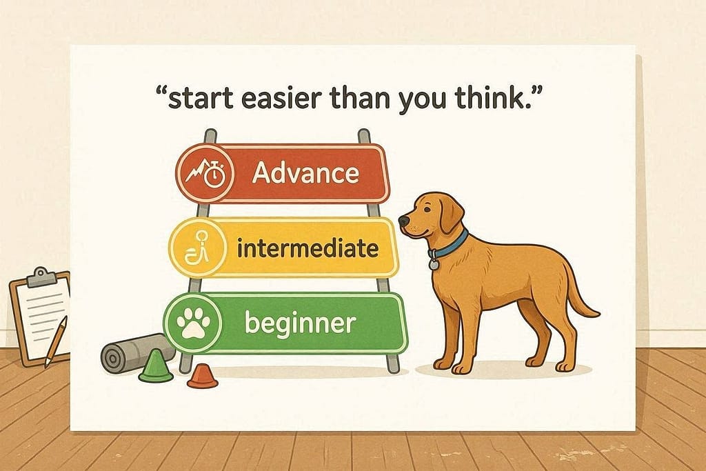 Difficulty ladder graphic Beginner (green), Intermediate (yellow), Advanced (red) with icons. Text: "Start easier than you think."