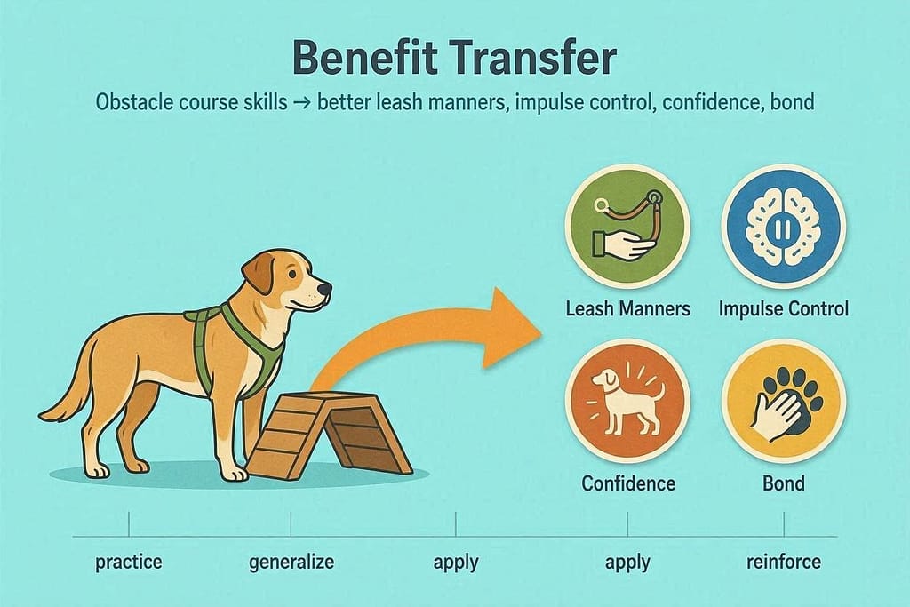 Benefit transfer graphic Obstacle course skills → Better leash manners, impulse control, confidence, bond.