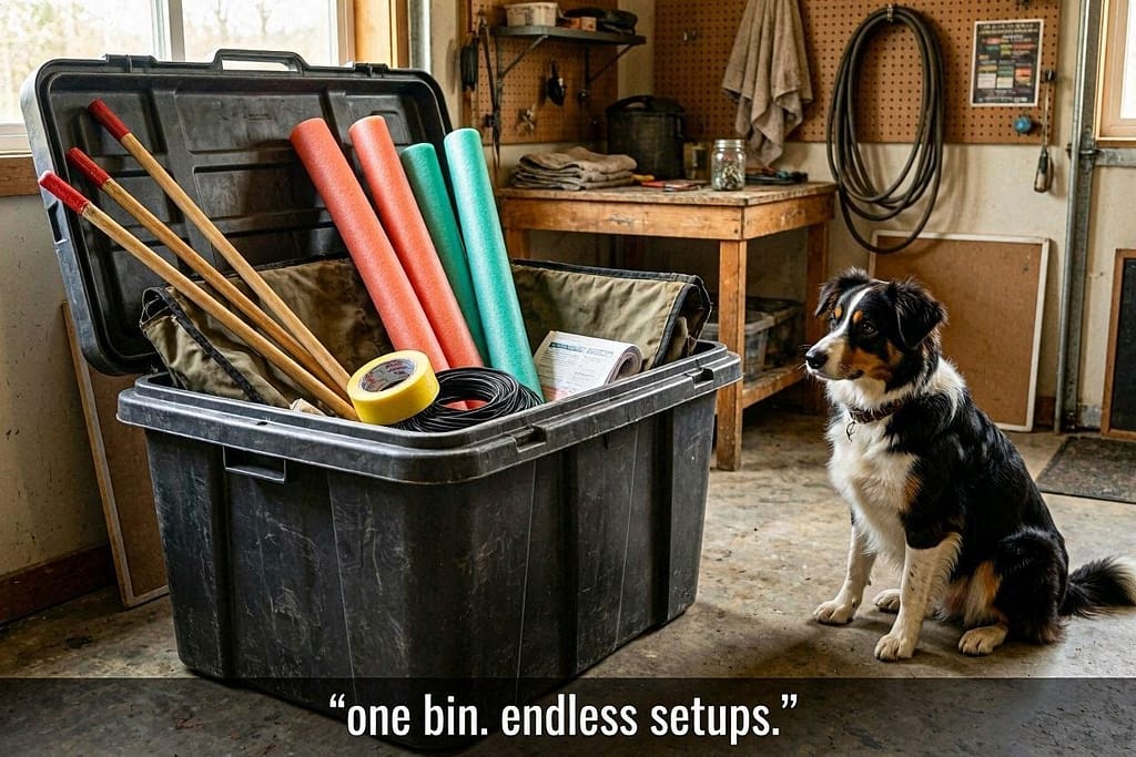 Storage bin photo Bin with obstacle materials (broom handles, pool noodles, tape). Text: "One bin. Endless setups."