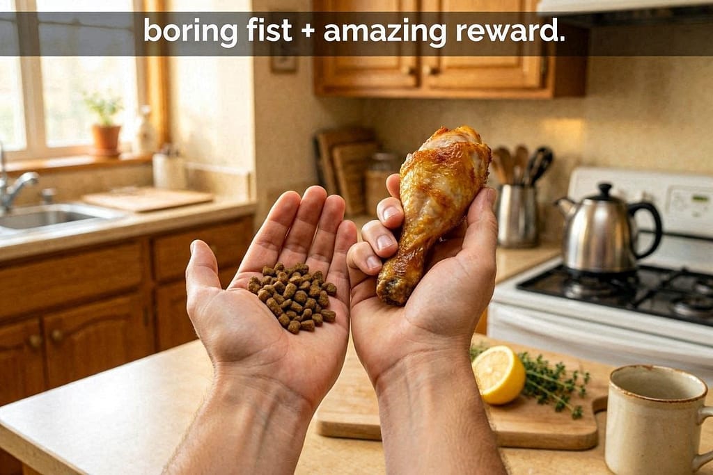 Boring kibble in one hand, amazing chicken in other. Text: "Boring fist + amazing reward."