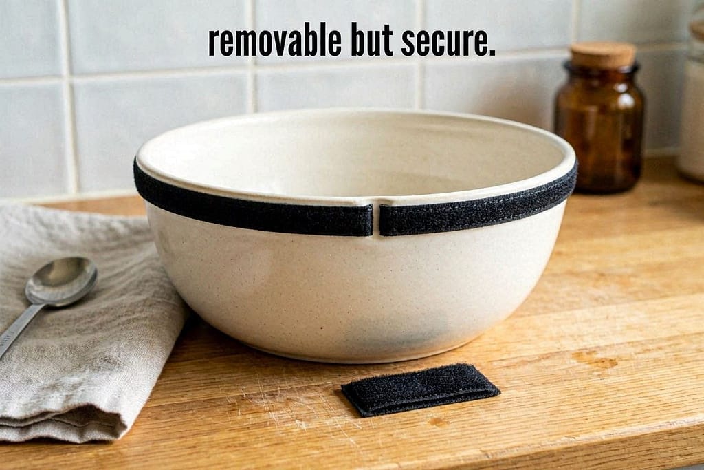 Bowl with Velcro strip, matching piece on surface. Text: "Removable but secure."