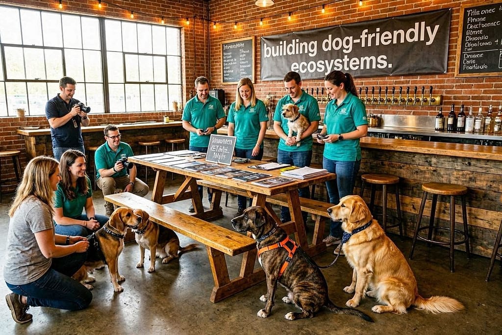 Adoption event photo Brewery hosting adoption event, dogs and people gathered. Text: "Building dog-friendly ecosystems."