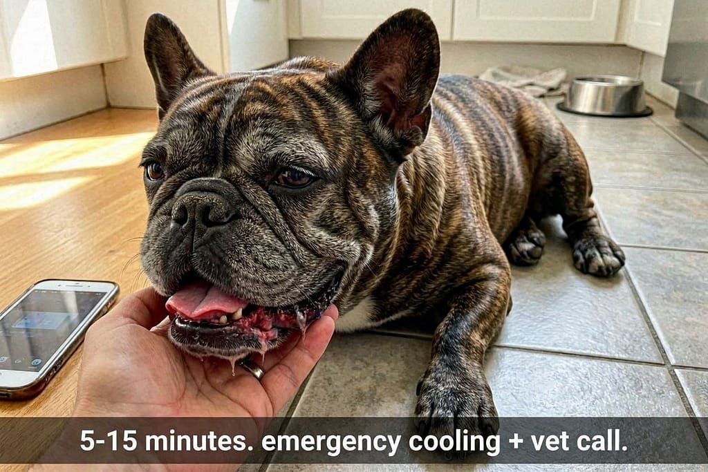 Moderate stage symptoms photo Bright red/purple gums, thick saliva, weakness. Text: "5-15 minutes. Emergency cooling + vet call."