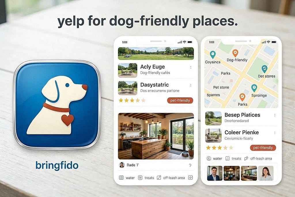 App icon + screenshot collage BringFido app icon + screenshot showing dog-friendly places nearby. Text: "Yelp for dog-friendly places."