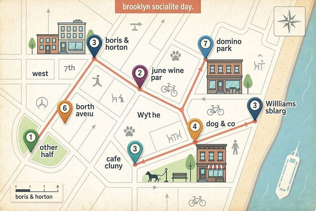 Brooklyn day route map Map with pins: Other Half → Domino Park → June Wine Bar → Dog & Co → Cafe Cluny → Boris & Horton. Text: "Brooklyn socialite day."